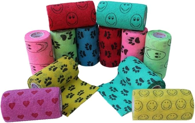 Prairie Horse Supply 3 Inch Vet Wrap Tape Bulk (Assorted Paw Prints and Patterns) (Pack of 12) Self Adhesive Adherent Adhering Flex Bandage Grip Roll for Dog Cat Pet