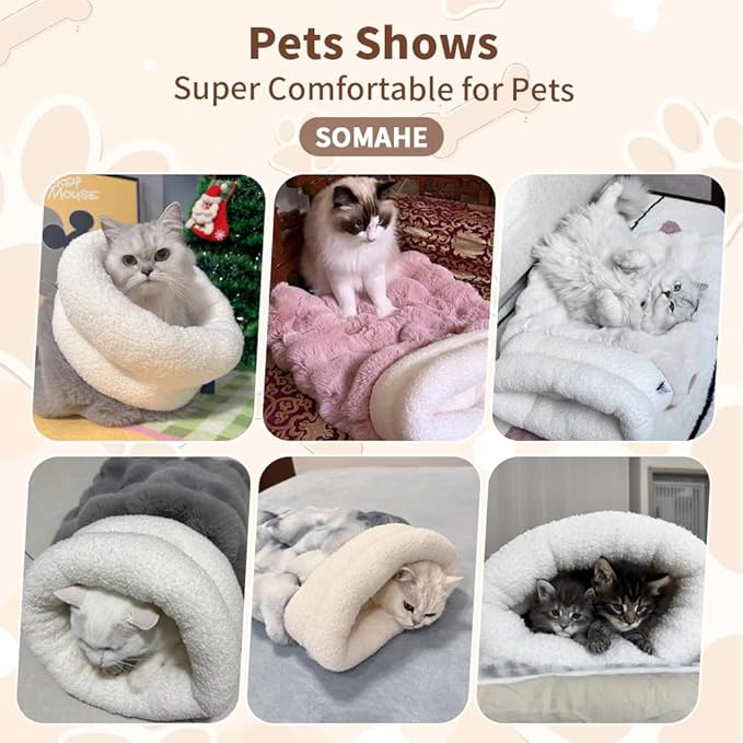 Self-Warming Cat Sleeping Bag, Enclosed Hooded Snuggle Sack with Dual-Side Plush Cat Cave Bed, Portable Foldable Pet Sleeping Pod for Indoor & Travel, Anti-Static, 21.7"x17.7"Coffee