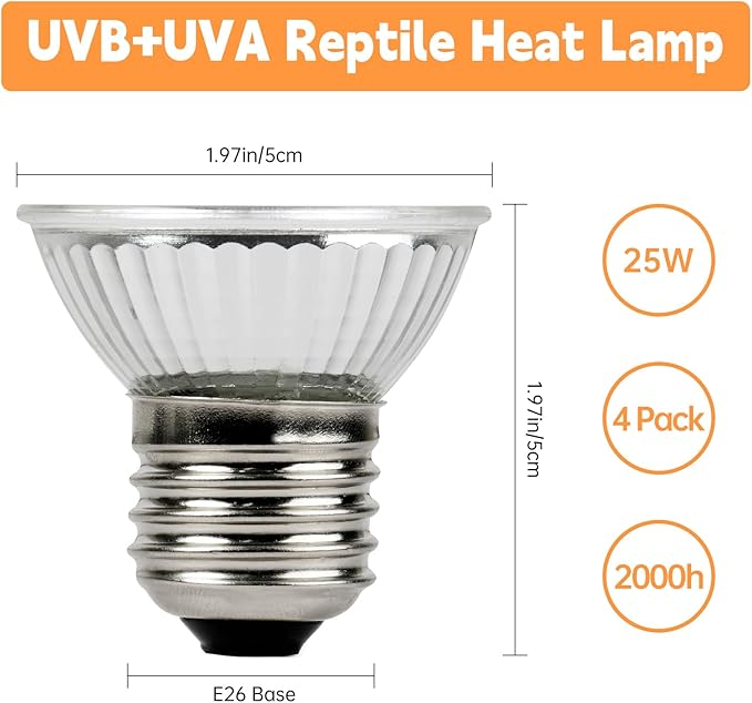 Reptile Heat Lamp, UVA UVB Heat Lamp Bulbs, E26 Turtle Heat Lamp Blubs 25W 4Pack, Basking Light for Bearded Dragon, Lizard, Snake and Frog