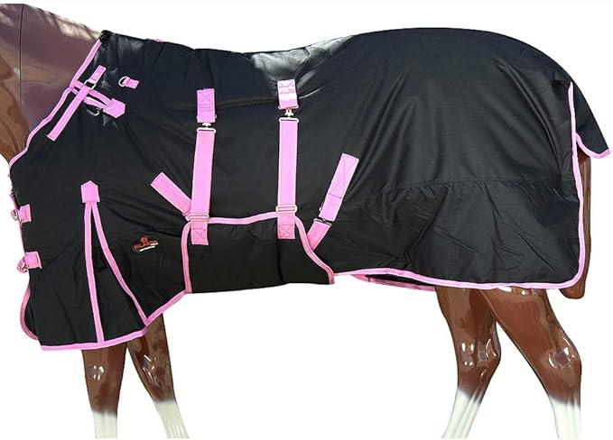 HILASON Black with Pink Trims 74 Inch 1200D Winter Waterproof Poly Horse Turnout Blanket Belly Wrap