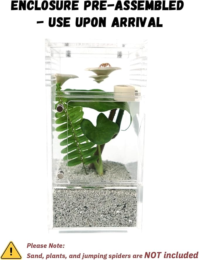 Jumping Spider Enclosure with Mushroom Ledges & Water Bowl Accessories, Acrylic Reptile Terrarium Habitat for Tarantulas, Bugs, Snails, Mantis, Small Insects, Dual Doors, No Assembly Required