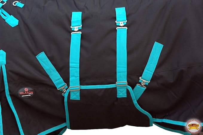 HILASON Black with Turquoise Trims 66 inch 1200D Winter Waterproof Poly Horse Turnout Blanket Belly Wrap