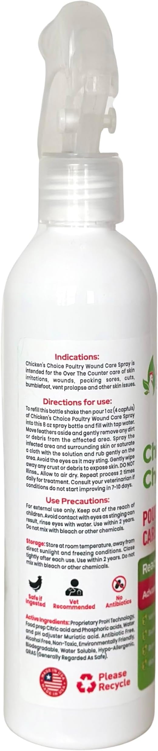 Chicken's Choice Wound Care for Chickens & Birds. Advanced Wound Care Spray for Poultry. Works for Bumblefoot, Vent Prolapse, Pecking Sore, Burns & Skin Irritations. Makes 32 oz Spray.