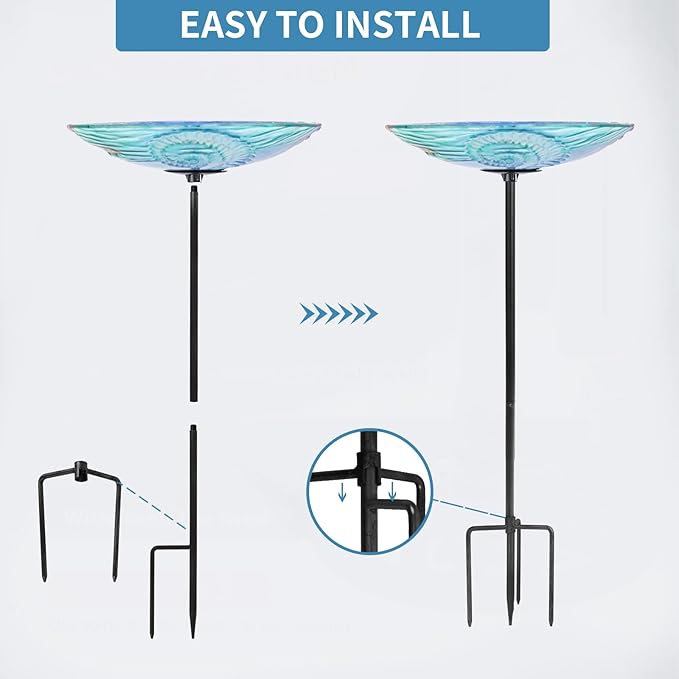 MUMTOP Bird Baths for Outdoors, Glass Birdbath Birdfeeder Bowl with Metal Stake for Outside Garden Yard Lawn Seahorse Decor