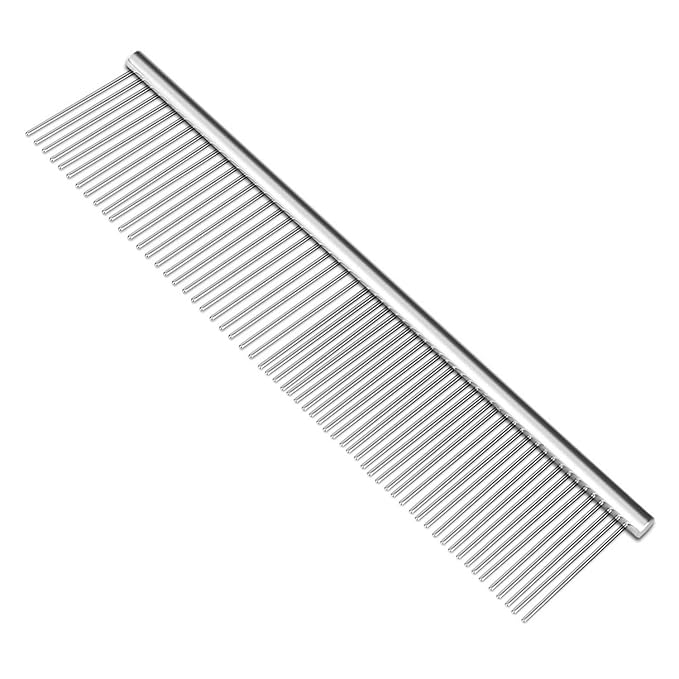 Flexzion Pet Grooming Comb Stainless Steel Cats Dogs Puppy Medium Animals Hair Fur Trimmer Deshedding Brush Accessory Tool with Smooth Teeth Needle Durable Lightweight