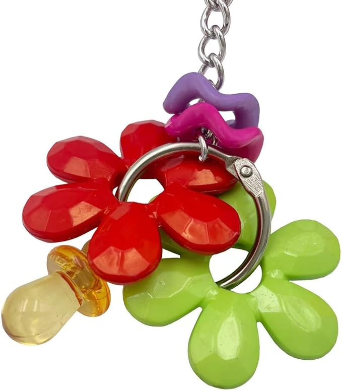 Pullable Bird Plastic Ball Toys with Acrylic Pacifiers and Flowers, Colorful Parrot Toys for Medium and Large Parrot Quaker Monk Parakeet Sun Conures (Purple)