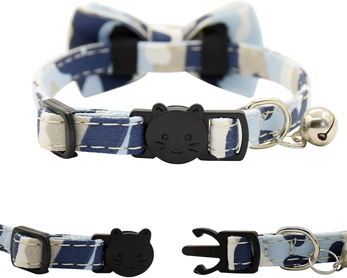 Cat Collar Breakaway with Bell and Bow Tie, Plaid Design Adjustable Safety Kitty Kitten Collars(6.8-10.8in)（Camo 3）