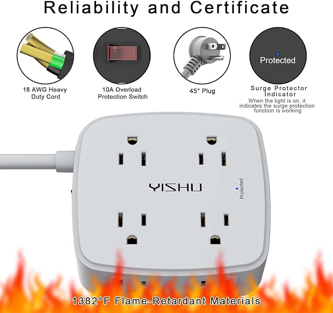 6 Ft Surge Protector Power Strip - 8 Widely Outlets with 4 USB Ports, 3 Side Outlet Extender with 6 Feet Extension Cord, Flat Plug, Wall Mount, Desk USB Charging Station, ETL, Grey