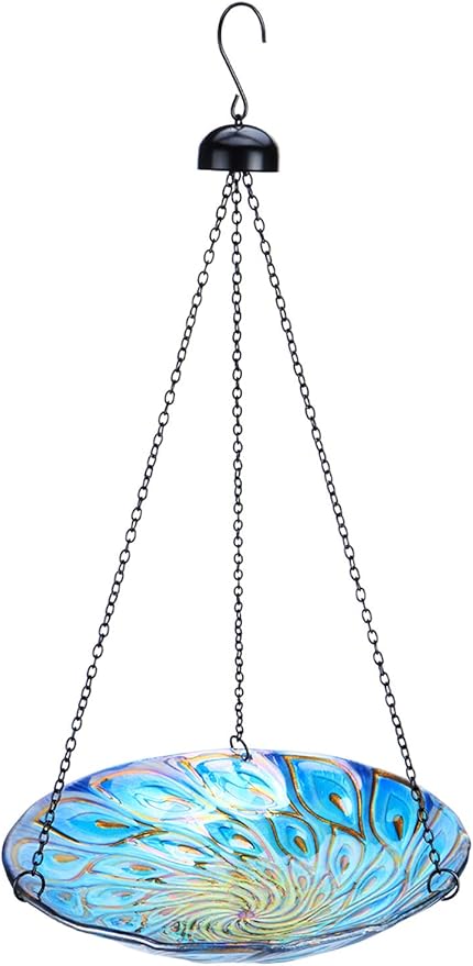 MUMTOP 11 inch Hanging Bird Bath Glass BirdBath Peacock Outdoor Birdfeeder for Garden Yard Decoration