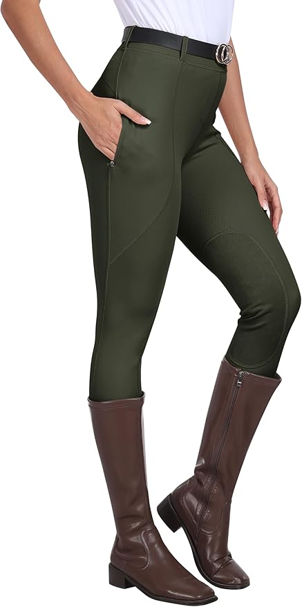 MoFiz Women's Horse Riding Pants Full Seat Silicon Knee-Patch Equestrian Breeches Horseback Schooling Tights Zipper Pockets