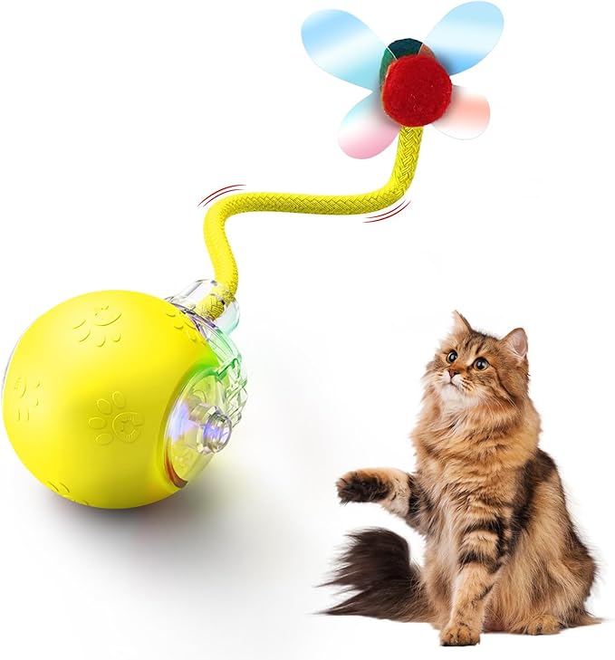 Interactive Cat Toys for Indoor Cats, 2025 Upgraded 360° Anti-chew Safe Material Moving Cat Ball with Tail, Interactive Cat Toys for Bored Indoor Adult Cats to Keep Them Busy (Yellow, 2.2in)
