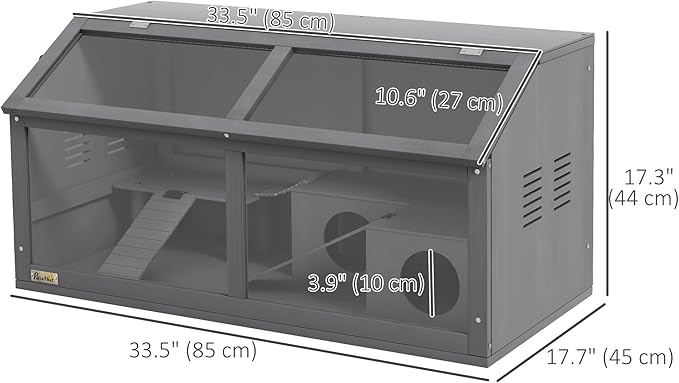 PawHut Wooden Hamster Cage, Hamster Habitat, Small Animal Cage Playhouse for Gerbils Mice with Suspension Bridge, Ladders, Openable Top, Hut, 33.5" x 18" x 17"