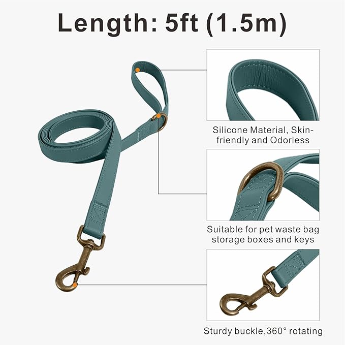 Dog Collar and Leash Set,Leather Silicone Waterproof Odor-Proof Dog Collar and Leash for Large Dogs, Soft Flexible Dog Collars, Durable Thick Adjustable Pet Collar (Green, Large (14.5-24" Neck))