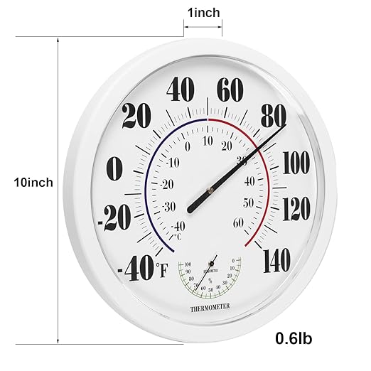 Indoor Outdoor Thermometer Wall Large Numbers Thermometer No Battery 10" Hanging Digital Weather Hygrometers for Home Garden Outside Patio Decor (White)