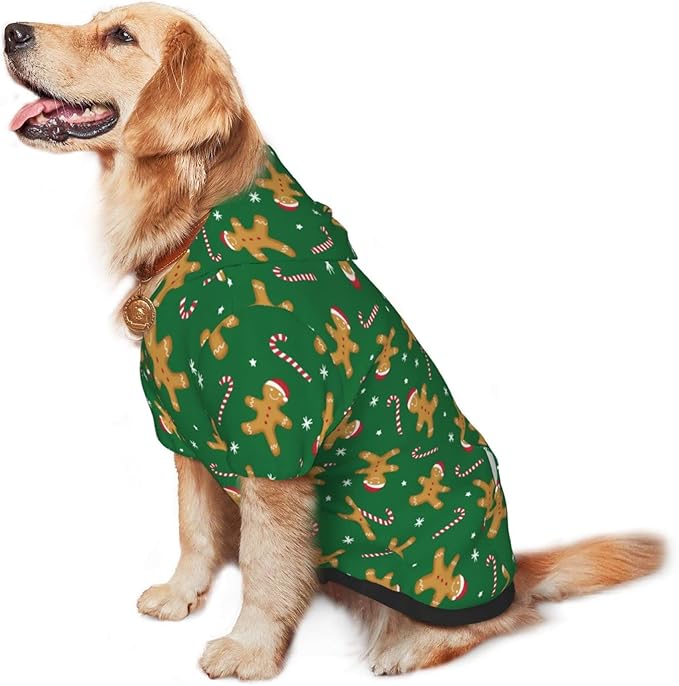 Green Christmas Gingerbread Men Candies Hoodie,Christmas Cosplay Dog Clothes with Pocket and Hat Winter Clothes Sweaters Small
