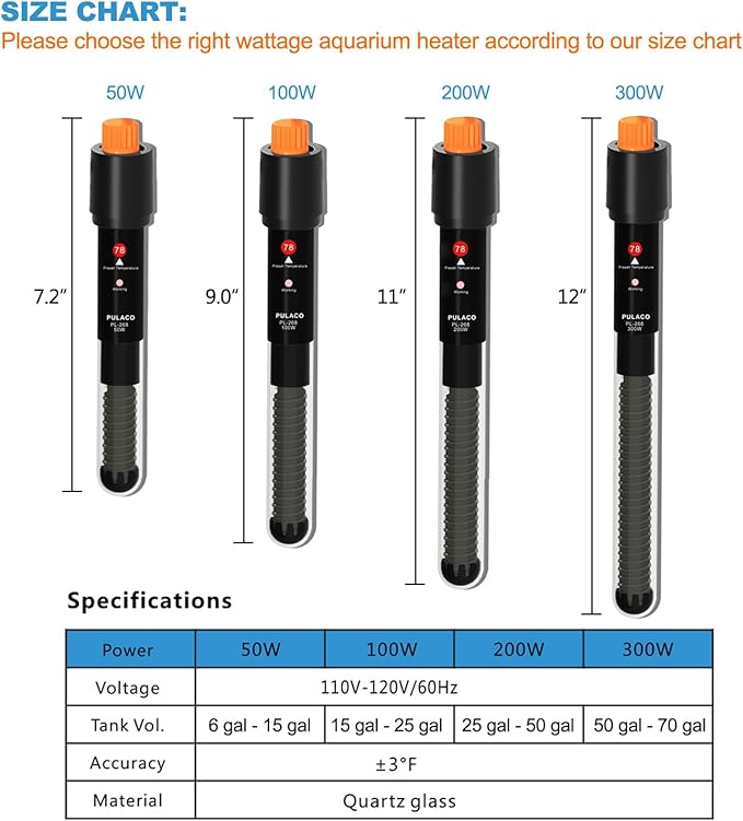 PULACO 50Watt Aquarium Heater for 6-15 Gallon Fish Tank, Adjustable Submersible Heater Thermostat with Thermometer Strip and Suction Cup