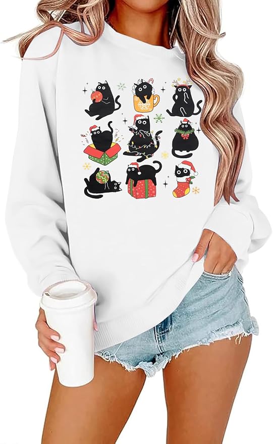 FRYAID Cat Sweatshirt Women Funny Black Cat Graphic Sweater Casual Cat Crewneck Holiday Long Sleeve Hoodie Pullover Top