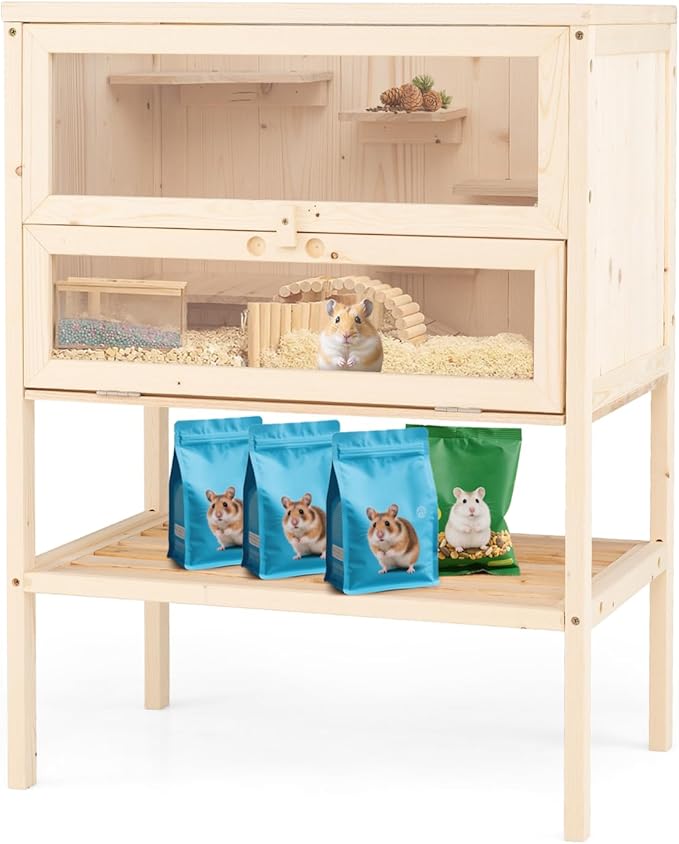 PETSITE 31.5 Inches Freestanding Wooden Hamster Cage, Chew-Proof 2-Layer Hamster House with Full Transparent Viewing, Flip-Top Roof, and Storage Shelf, Ideal for Dwarf Hamster and Gerbils