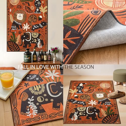 5ft Cute Round Rug Kids Washable Fun Rug Terracotta Boho Jungle Mat (19.63 Sq Ft)