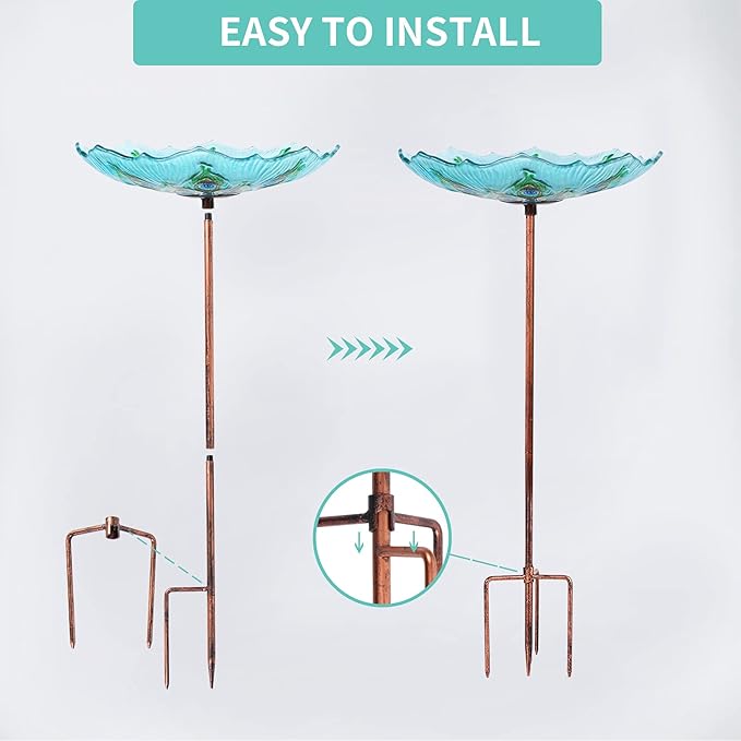 MUMTOP Glass Bird Bath, Garden Outdoor Birdbaths Birdfeeder with Metal Stake Peacock