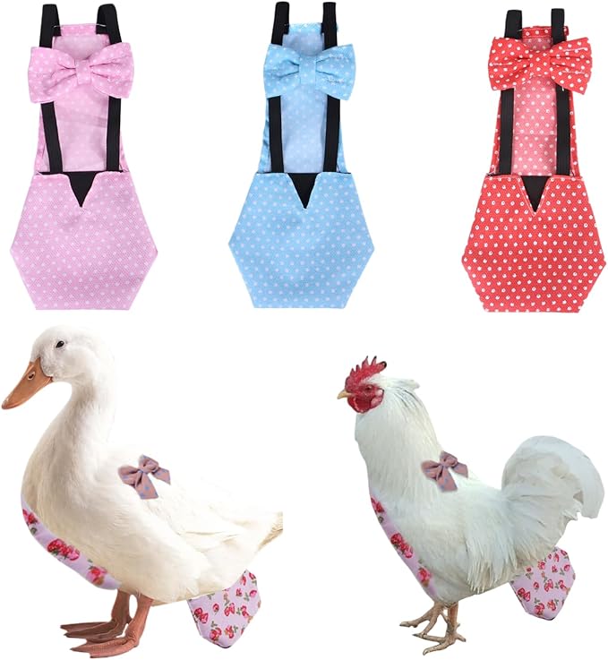 MANON ROSA Chicken Diapers Bantam Hens - Reusable 3-Piece Set with Bow Ties Poultry Nappies Washable Waterproof for Geese Pet Ducks Silkie (Polka Dot Small)