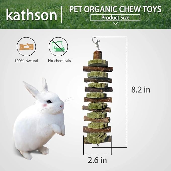 kathson 4PCS Bunny Chew Toys for Teeth Grinding, Chinchilla Treats Organic Bamboo Sticks Natural Fruitwood Branches for Rabbits Guinea Pigs Hamsters (Fruitwood Sticks+Alfalfa Cakes)