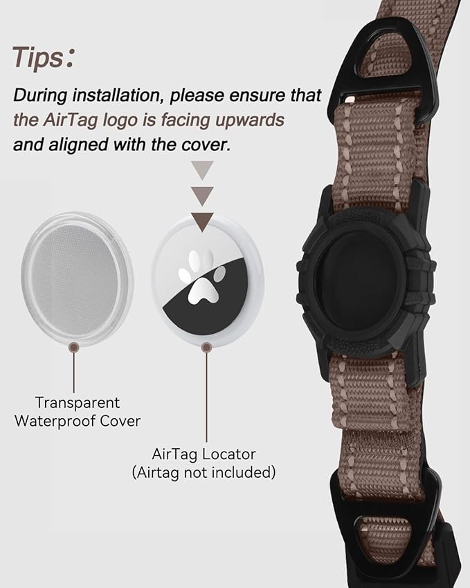 Joytale Airtag Dog Collar, Reflective Pet Collar with Waterproof AirTag Holder, Dual D-Rings, Soft Padded Adjustable for Extra Small and Puppy Dogs, Brown, XS