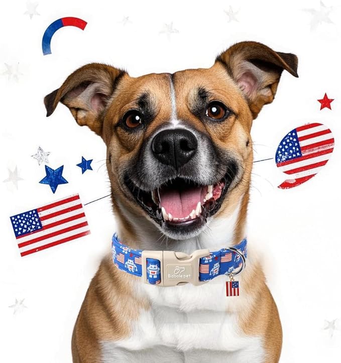 4th of July Dog Collar, Robot Star-Spangled Patriotic Dog Collars for Medium Dogs, Adjustable Lightweight Quick-Release Buckle Collar for Boy&Girl Dogs M