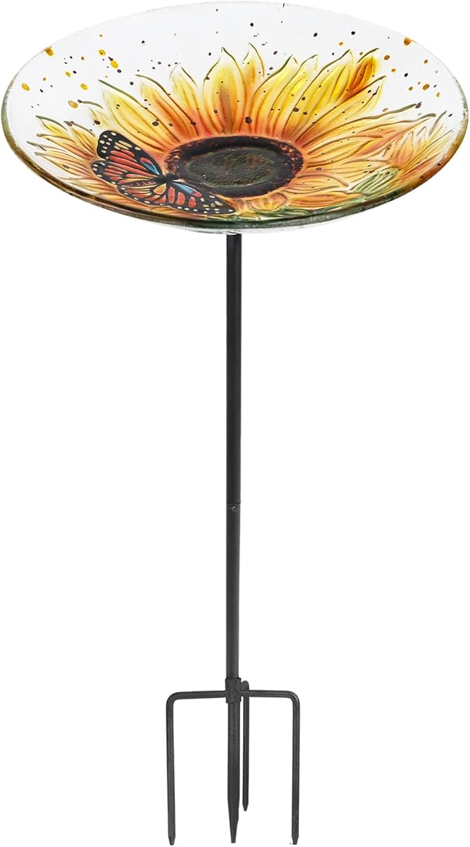 MUMTOP Bird Baths for Outdoors, Glass Birdbath Birdfeeder Bowl with Metal Stake for Outside Garden Yard Lawn Sunflower Butterfly Decor