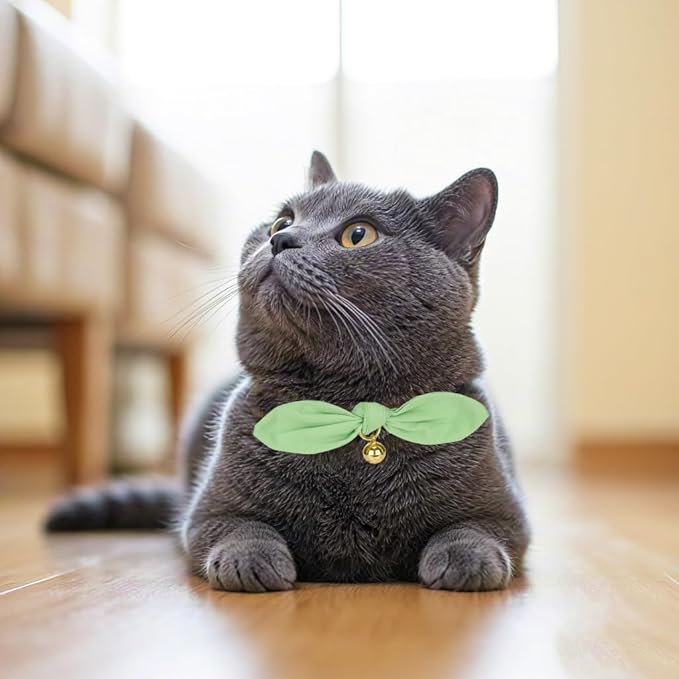 Bunny Ear Cat Collar with Bell and Bow Tie, Breakaway Cute Bowtie Kitten Collars(Grass Green)