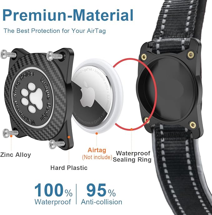 Airtag Dog Collar with Waterproof Air Tag Holder, Luminous Reflective, Soft Padded, Adjustable Nylon Pet Collar for Small Medium Large Heavy Duty Dogs,Black, M