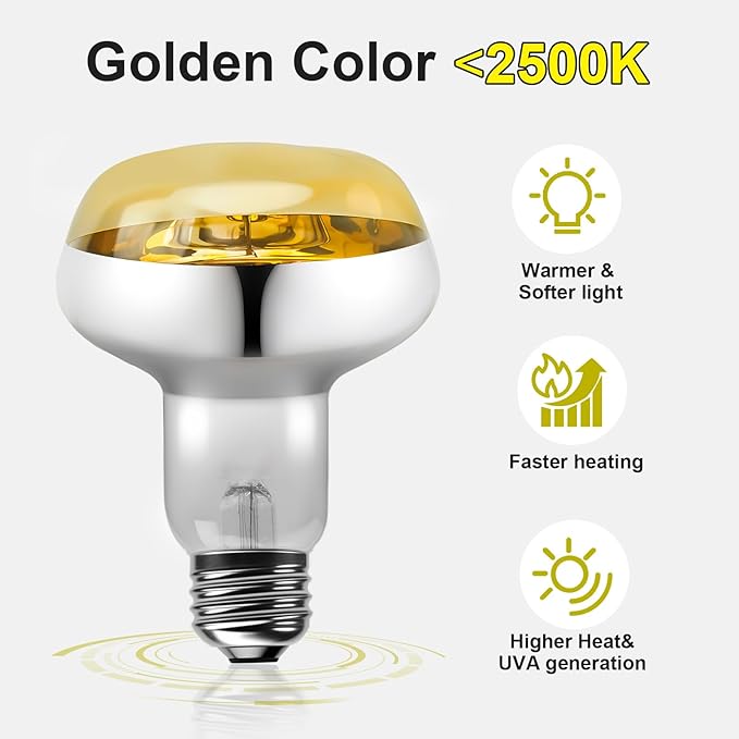MIXJOY 2Pack 100W Reptile Heat Lamp Bulbs, Upgraded Golden Glass 60% Intense Heat Bulb UVA Daylight Basking Spot Light Bulb for Reptiles, Turtle, Lizard, Tortoise, Bearded Dragon, Gecko, Chicken