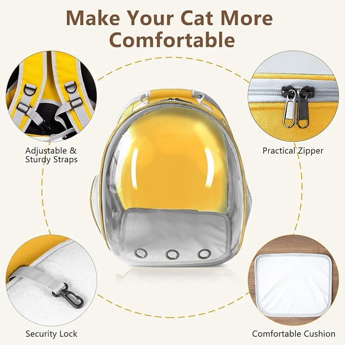 Cat Backpack Carrier Back Expandable Bubble Pet Carrier Backpack for Large Cat, Kitten and Dog, Designed for Hiking, Travelling and Outdoor Use (Back Expandable-Yellow New)