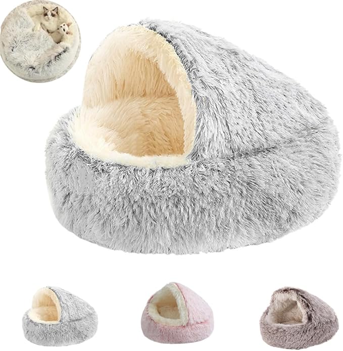 Plush Fluffy Dog and Cats Round Bed, Ultra-Soft Plush with Raised Rim, Non-Slip Bottom, Plush Cat Bed with A Cover, for Small Dogs and Cats (Gray, X-Large)