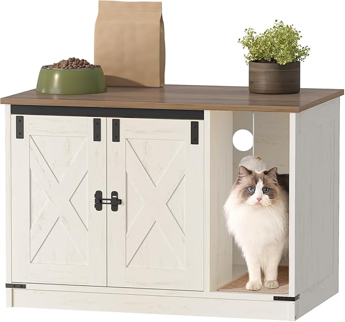 Cat Litter Box Enclosure, Hidden Litter Box Cabinet Furniture with Bell, Indoor Cats House, Farmhouse Style, 31.5 x 19.7 x 20.9Inches, for Hallway, Bedroom, Rustic Brown and White CB82414X