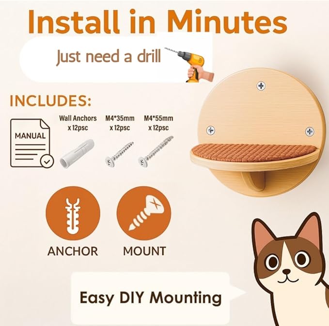 Cat Wall Shelves - Round Floating Cat Wall Steps with Scratch Pads, up to 20Lbs. Saving-Space Decorative Wall-Mounted Cat Furniture for Climbing, Playing & Resting - Solid Natural Wood by INSTINTO