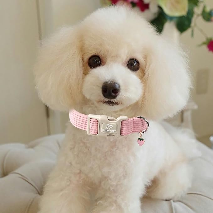Cute Corduroy Dog Collar - Pink Adjustable Dog Collars for X-Small Dogs 4-10lbs, Fade-Proof with Secure Snap & Little Charm, Christmas Birthday Gift, XS