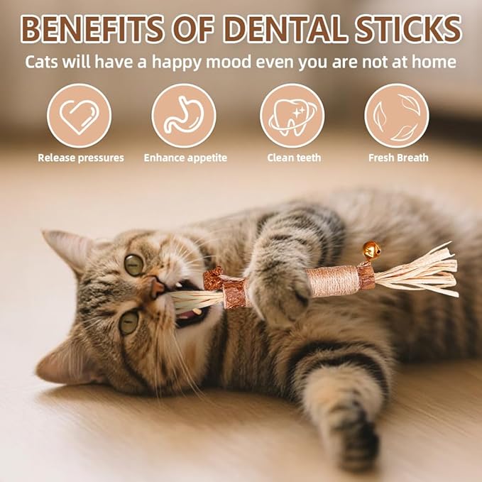 Natural Dried Matatabi Cat Chew Stick with Gall Fruit, Raffia Grass & Bell Cat Ball Toys, Handmade Silvervine Sticks Interactive Catnip Toys for Teething & Entertainment (Size L Color A)