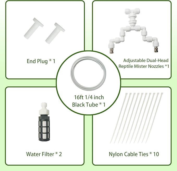 Reptile Terrariums Misting Accessories kit, Adjustable Dual-Head Reptile Mister Nozzles, with 16ft 1/4 inch Tube, White