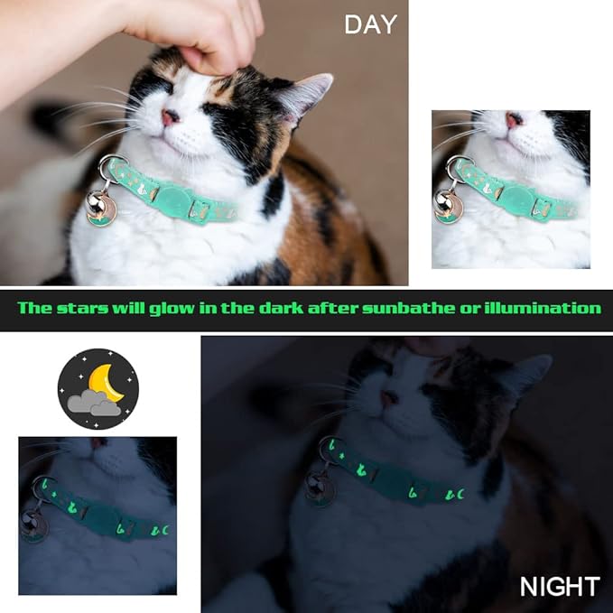 2PCS Breakaway Cat Collars with Bell Cute Kitty Glow in The Dark Adjustable Kitten Collars 7.9-13.0 Inch(Teal&Black)