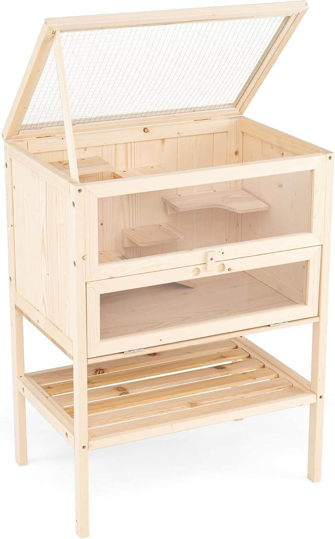 PETSITE 31.5 Inches Freestanding Wooden Hamster Cage, Chew-Proof 2-Layer Hamster House with Full Transparent Viewing, Flip-Top Roof, and Storage Shelf, Ideal for Dwarf Hamster and Gerbils