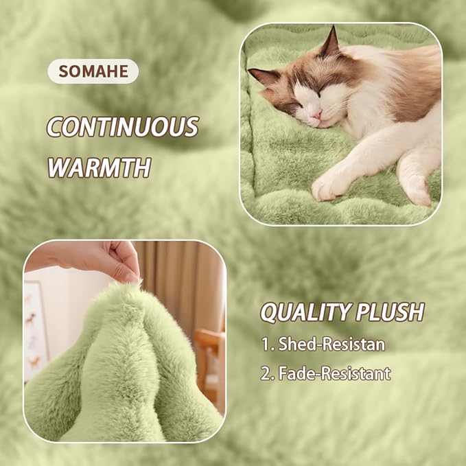 Cat Beds for Indoor Cats Faux Fur Pet Mat Cute Kitten Plush Bed with Non-Slip Bottom for Carriers/Sofa Dog & Puppy Friendly 27 x 20 Inch Large Green