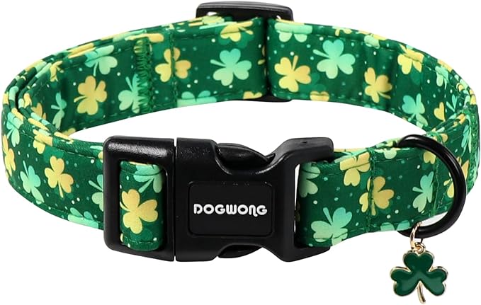 DOGWONG St Patrick's Day Dog Collar-Cute Green Clovers Dog Collars, Adjustable Shamrock Pet Collars Trefoil Puppy Collars with Quick Release Buckle for Girl&Boy Dogs,S