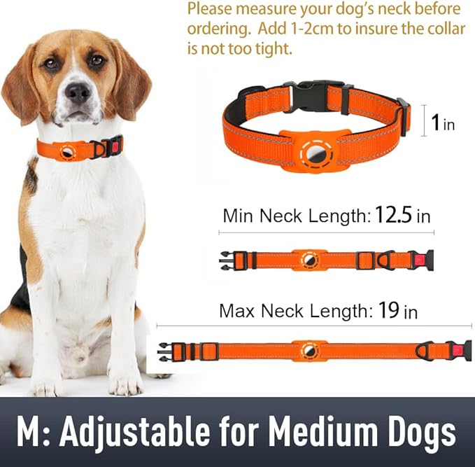 Airtag Dog Collar with AirTag Holder for Medium Dogs, Reflective, Soft Padded & Safety Locking Buckle, Nylon Pet Collars Adjustable for All Breeds, Orange,M