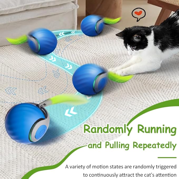 Interactive Cat Toys for Indoor Cats, Smart Interactive Cat Toy Ball with Tail Automatic Kitten Toys for Bored Indoor Adult Cats Two Speed Adjustment (Blue&Orange)