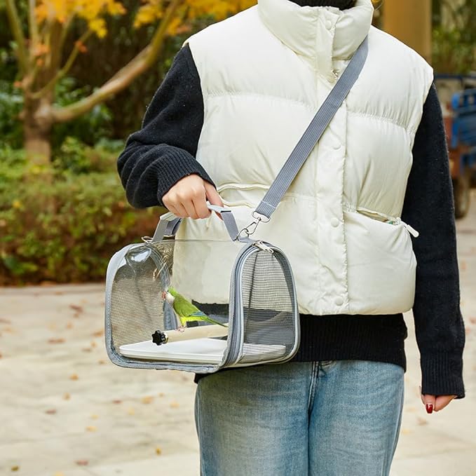 Portable Small Pet Carrier Bag – Travel Bird Cage for Parrots, Parakeets, Cockatiels, Hamsters, Lizard and Vet Visit with Shoulder Straps & Side Access (Includes Tray and Stand, Gray, 13 * 9 * 8.3in)