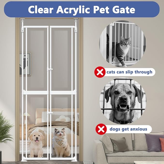 71-98" Clear Tall Cat Pet Gate, 33.5-36 in Wide Extra High Dog Gates for Doorways Acrylic Kitten Proof Full Door Barrier, Auto Close Walk Thru Puppy Pressure Mounted, Indoor White