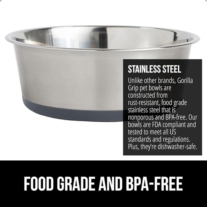 GORILLA GRIP Dog Bowls, Holds 2 Cups Each (16 fl oz), Heavy Duty Stainless Steel Food and Water Bowl for Feeding Dogs and Cats, Dishwasher Safe, Rust Resistant, BPA Free Rubber Base, Set of 2 Gray