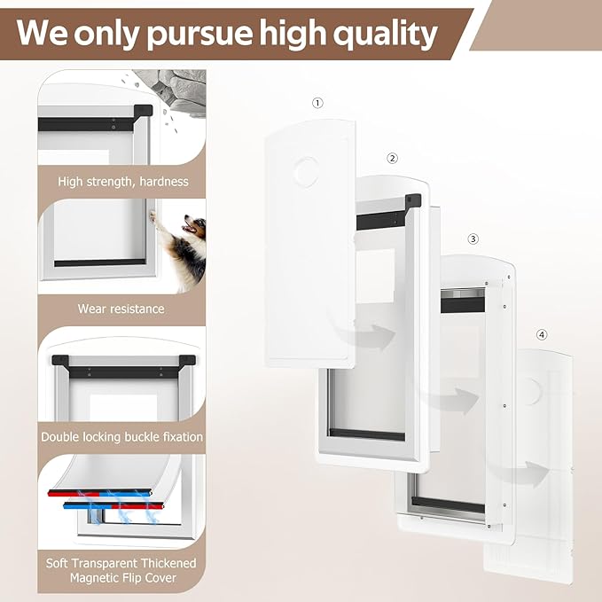 [MAVRICTECH] Large Dog Door for Door，Dog Door for Exterior Door Stainless Steel Frame, Magnetic Double Flap, Easy Install, Closing Panel, Secure, Fits Pets Up to 110lb, Weatherproof, White
