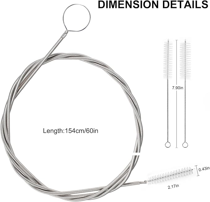 CiaraQ Bottle Cleaning Brushes, 8 Inch Nylon Tube Brush Set & A Flexible Long Drain Brush 60 inch, Cleaner for Narrow Neck Bottles Cups with Hook, Set of 11pcs, White